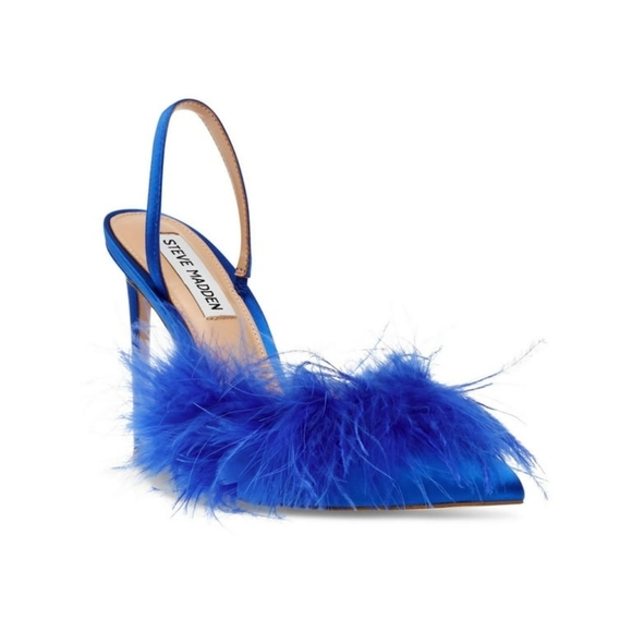 New STEVE MADDEN Woman's Shoes Back Sling SATIN FEATHERS Stiletto Heel Sz 8.5 - Picture 2 of 13